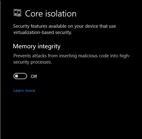 Memory integrity under core isolation turned off