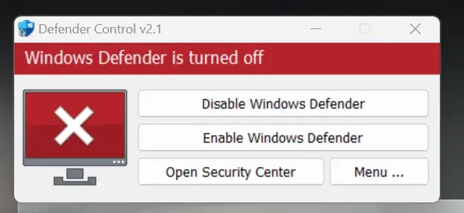 Defender Control showing Windows Defender is turned off