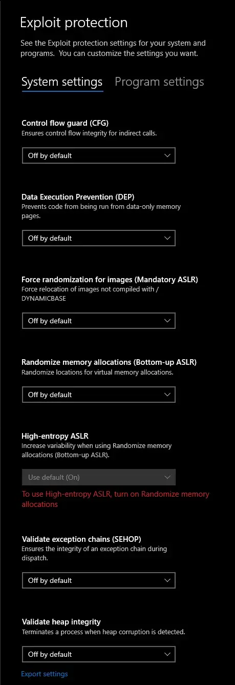 Exploit protection settings set to Off by default