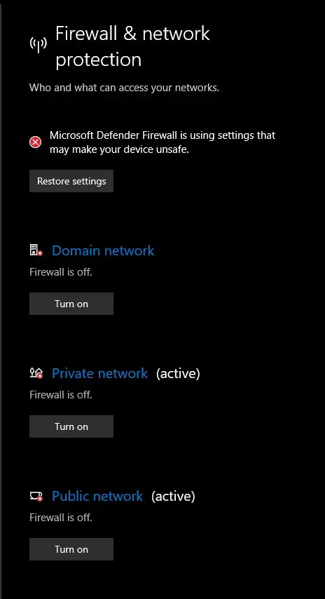 The firewall turned off for domain, private and public networks