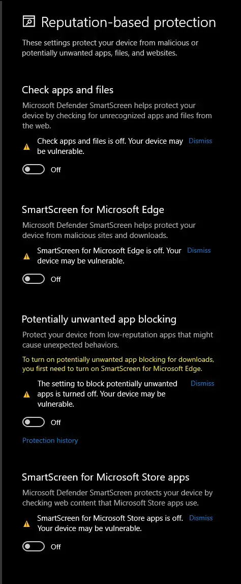 SmartScreen reputation-based protection toggles turned off