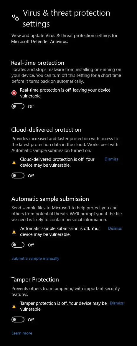All Virus and threat protection toggles turned off