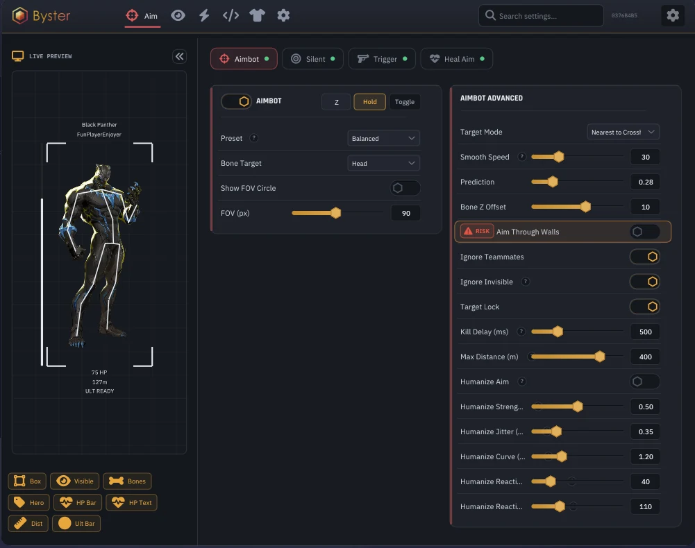 Byster Aimbot menu for Marvel Rivals: presets and aim settings