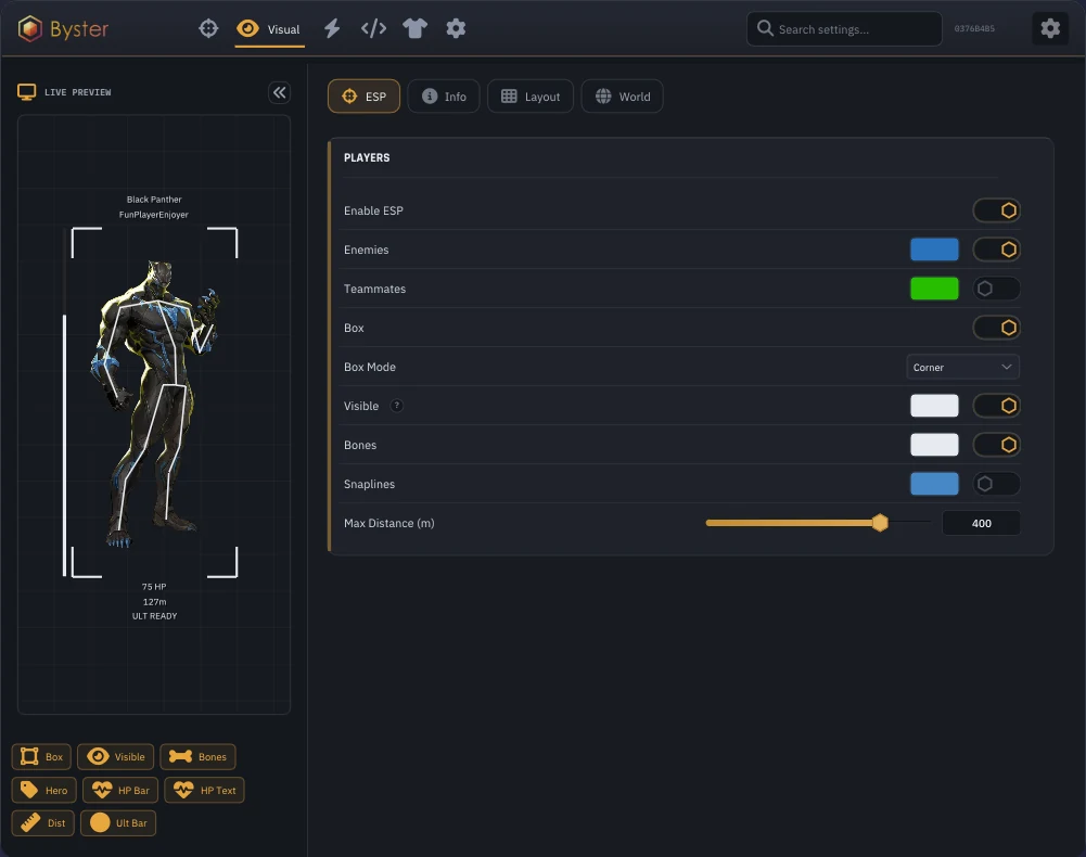 Byster ESP menu for Marvel Rivals: player visual settings